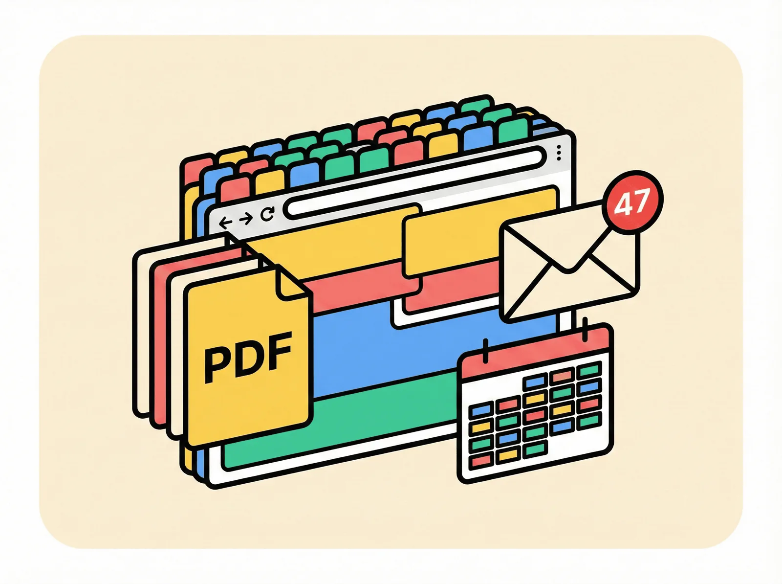 Overwhelming stack of browser tabs, newsletters, and PDFs piling up